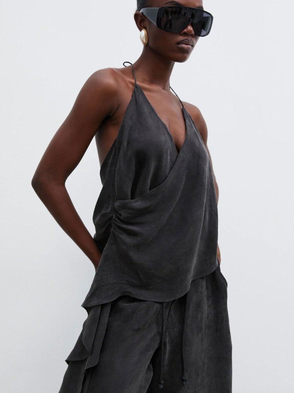 Local European Ash Taupe Cupro Draped Top + Wide Leg Pant Set